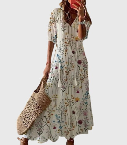 Women's Boho Vintage Summer Midi Dress Floral Print Short Sleeve Casual Feminine Chic – Amalia - Lolly 
