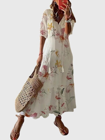 Women's Boho Vintage Summer Midi Dress Floral Print Short Sleeve Casual Feminine Chic – Amalia - Lolly 