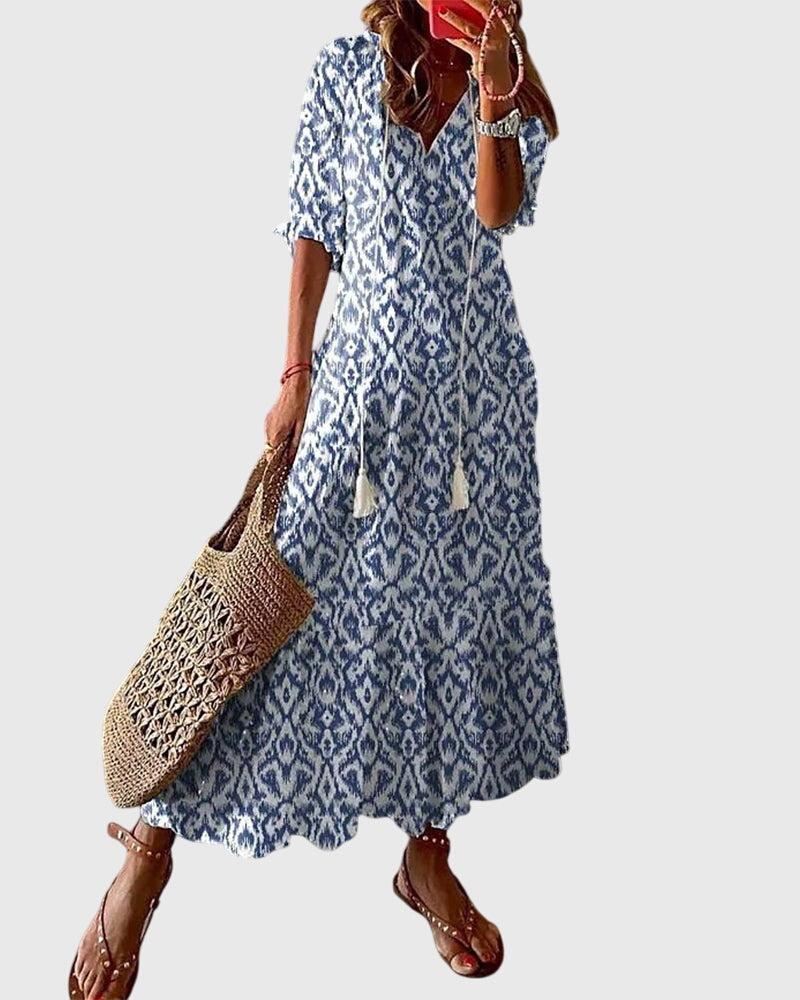 Women's Boho Vintage Summer Midi Dress Floral Print Short Sleeve Casual Feminine Chic – Amalia - Lolly 