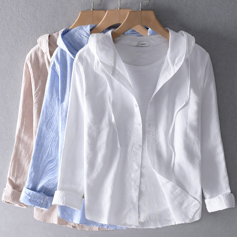Women's Breathable Linen Blend Blouse Hooded Button Placket Loose Fit Casual Everyday – White - Lolly 