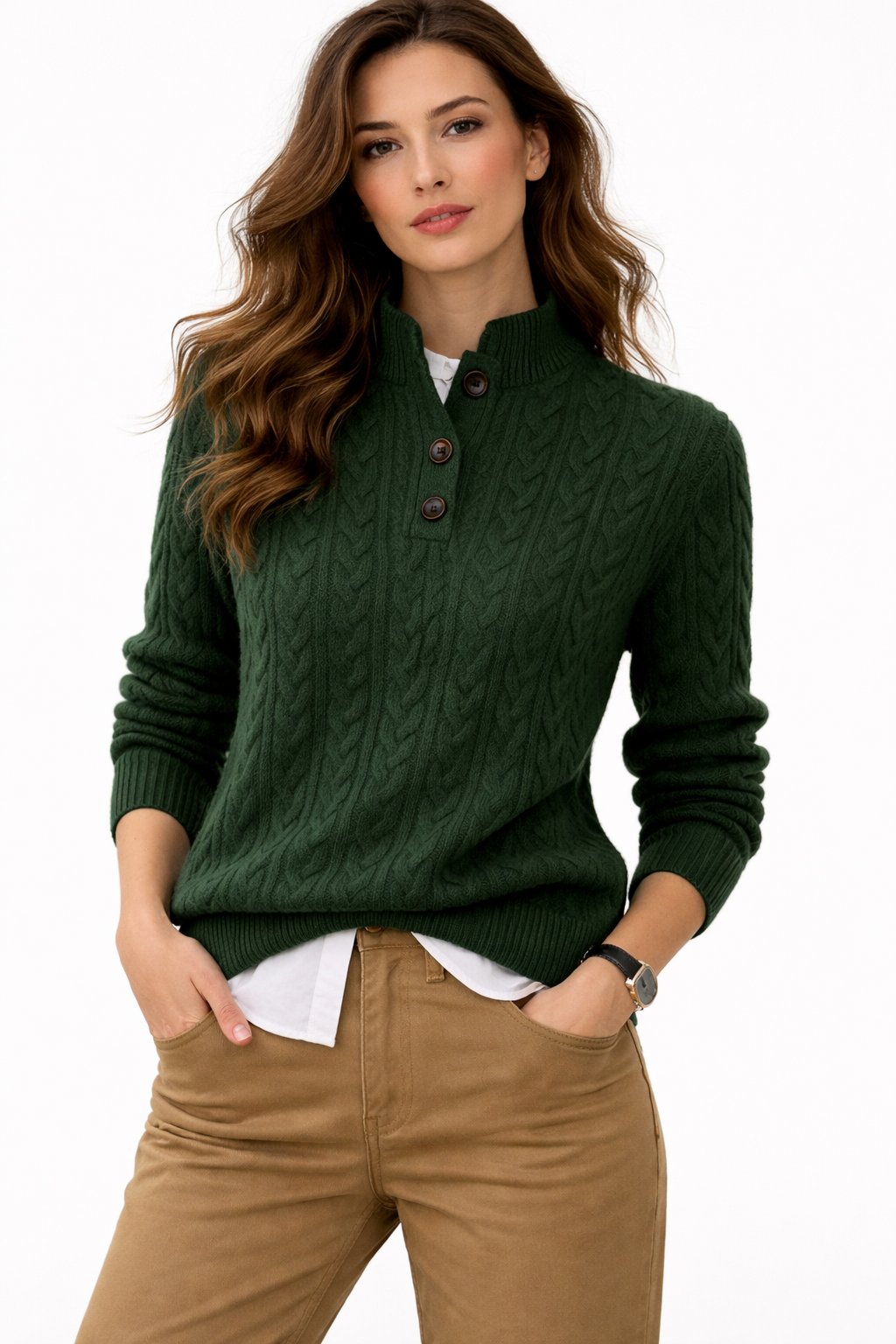 Women's Cable Knit Pullover Sweater Button Mock Neck Wool Blend Casual Winter - Lolly 