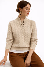 Women's Cable Knit Pullover Sweater Button Mock Neck Wool Blend Casual Winter - Lolly 