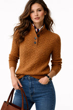 Women's Cable Knit Pullover Sweater Button Mock Neck Wool Blend Casual Winter - Lolly 