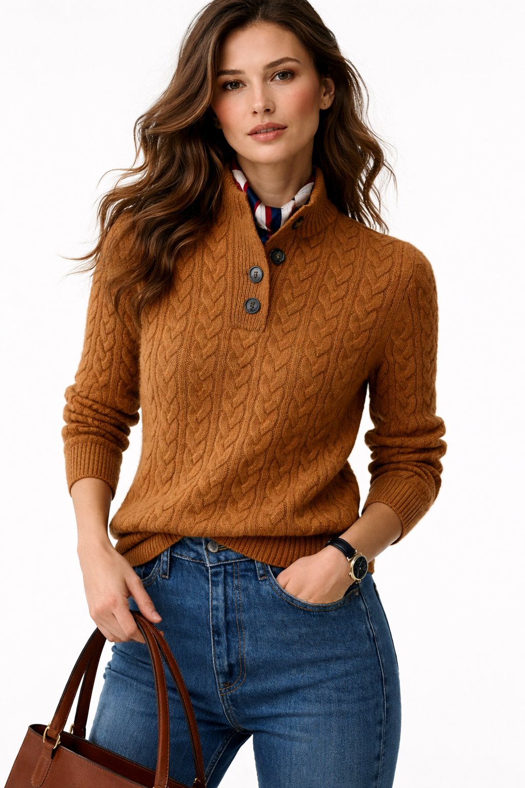 Women's Cable Knit Pullover Sweater Button Mock Neck Wool Blend Casual Winter - Lolly 