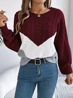 Women's Cable Knit Sweater Chevron Colorblock Pullover Crew Neck Winter Casual - Lolly 