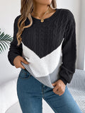 Women's Cable Knit Sweater Chevron Colorblock Pullover Crew Neck Winter Casual - Lolly 