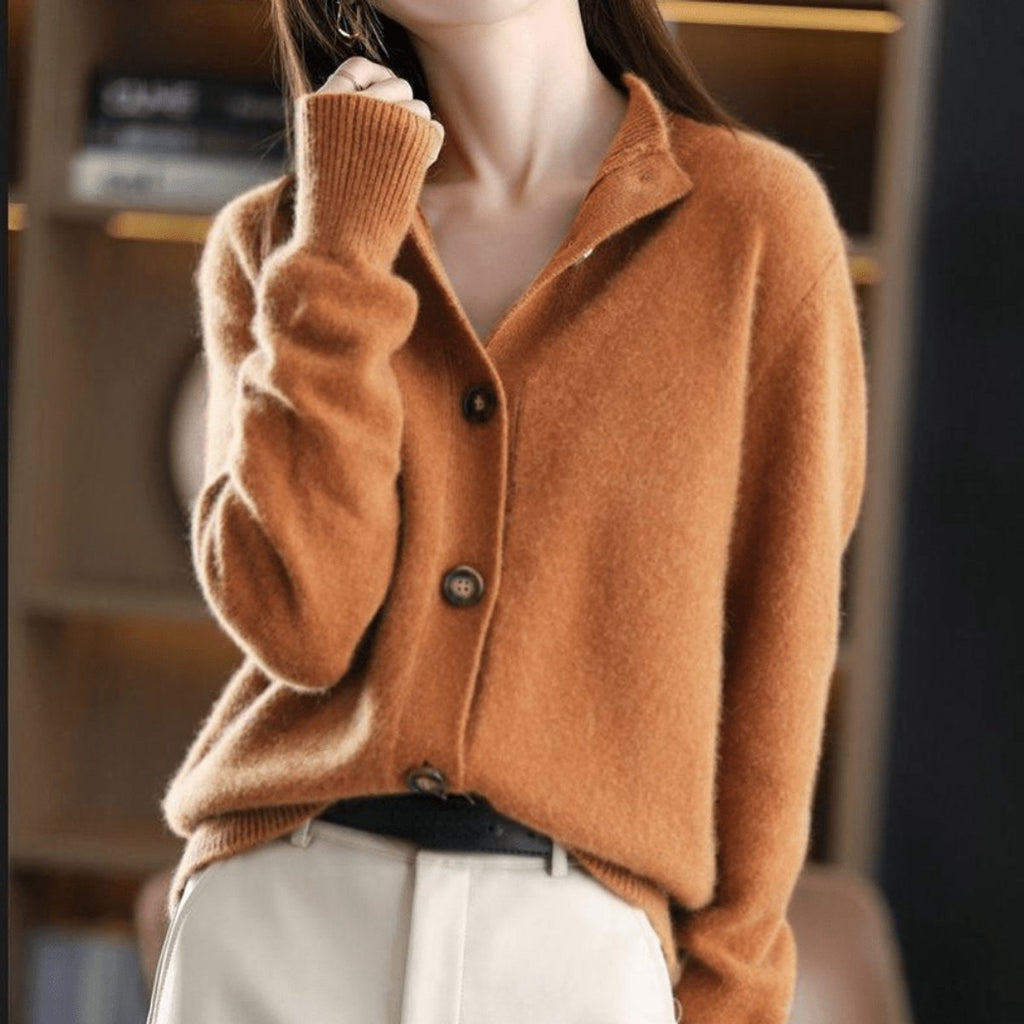 Women's Cashmere Blend Cardigan Button-Front Mock Neck Knit Sweater Relaxed Fit - Lolly 