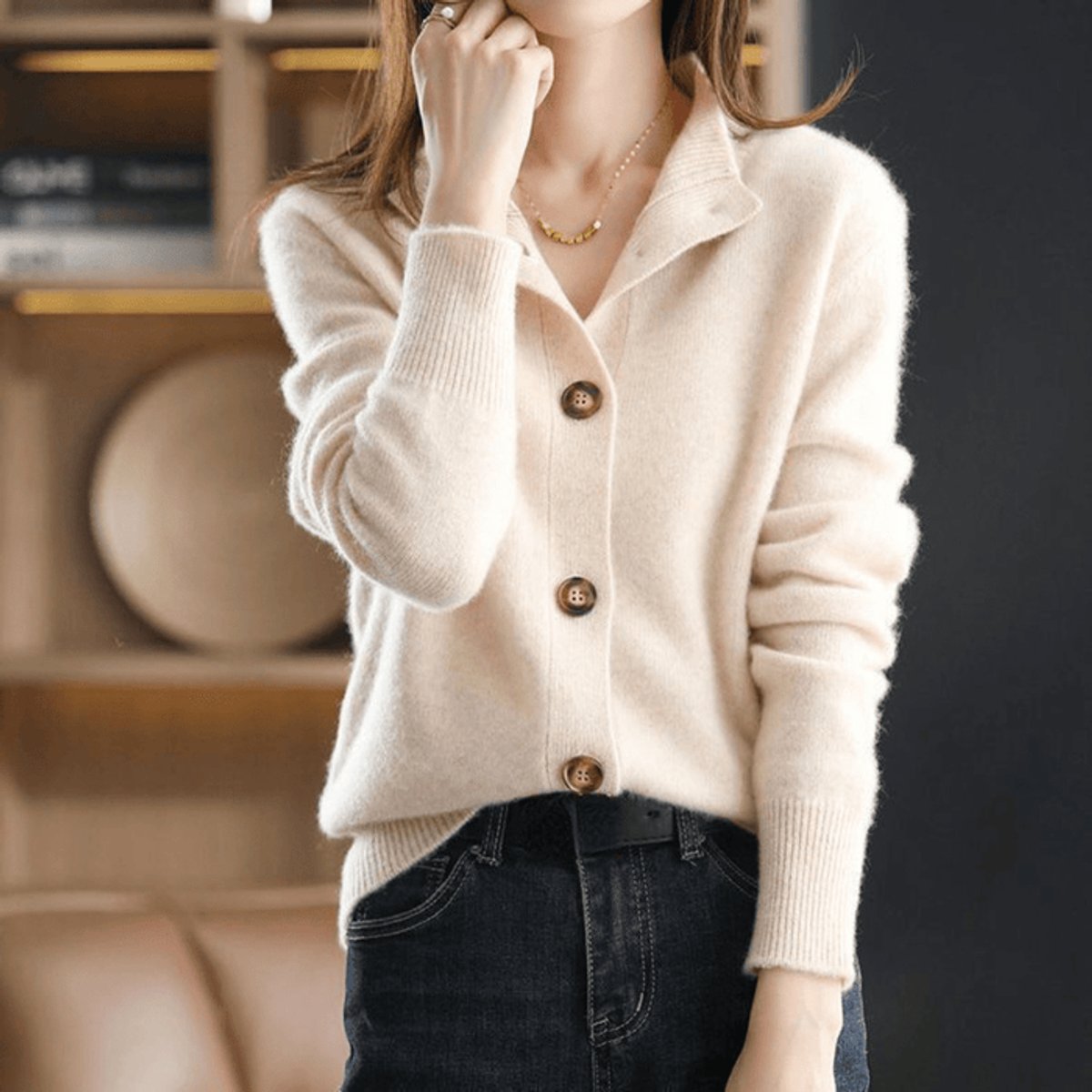 Women's Cashmere Blend Cardigan Button-Front Mock Neck Knit Sweater Relaxed Fit - Lolly 