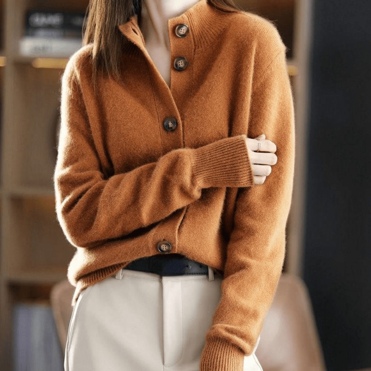 Women's Cashmere Blend Cardigan Button-Front Mock Neck Knit Sweater Relaxed Fit - Lolly 