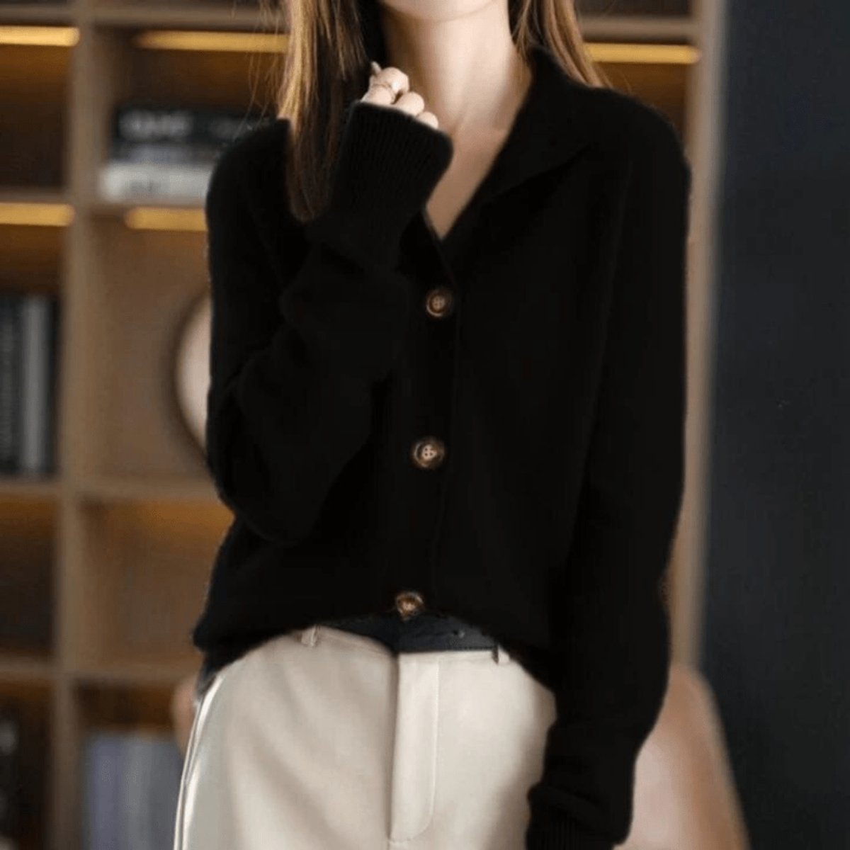 Women's Cashmere Blend Cardigan Button-Front Mock Neck Knit Sweater Relaxed Fit - Lolly 
