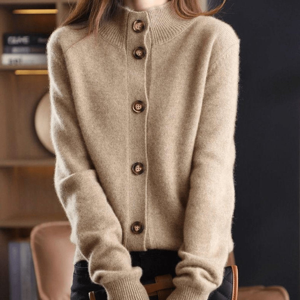 Women's Cashmere Blend Cardigan Button-Front Mock Neck Knit Sweater Relaxed Fit - Lolly 