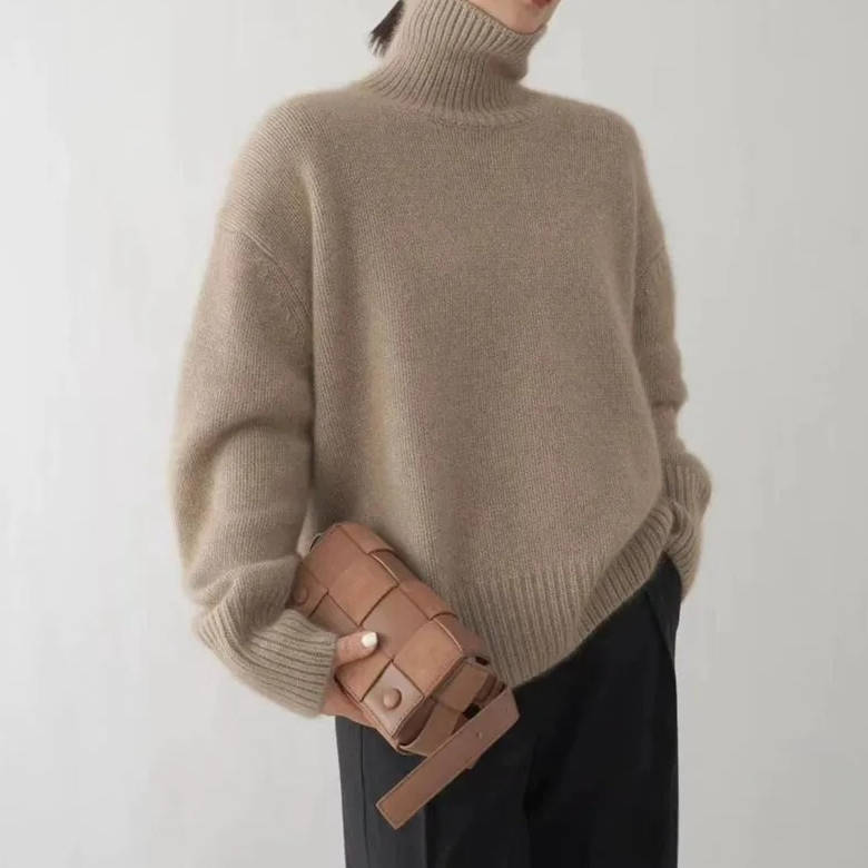 Women's Cashmere Turtleneck Sweater Soft Cozy Relaxed Fit Warm Casual Elegant Winter – Beige - Lolly 