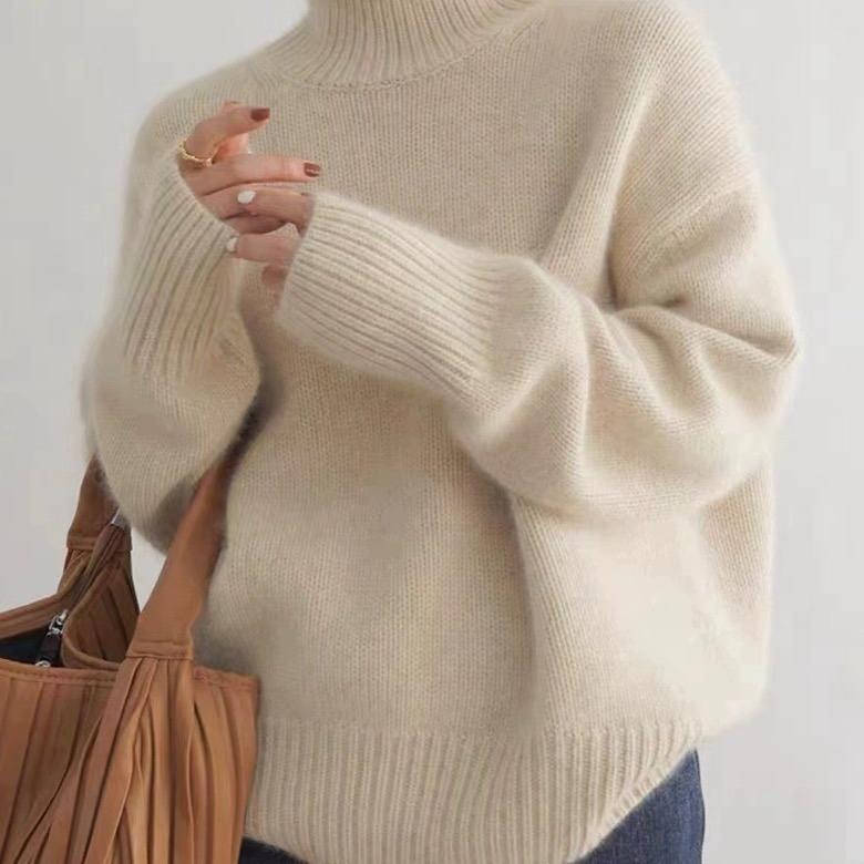 Women's Cashmere Turtleneck Sweater Soft Cozy Relaxed Fit Warm Casual Elegant Winter – Beige - Lolly 