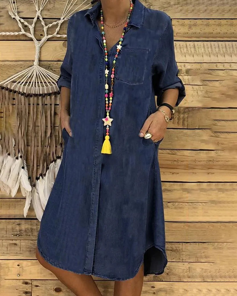 Women's Casual Denim Shirt Dress Button-Down Collar Pockets Relaxed Fit Everyday Midi Summer Style - Lolly 