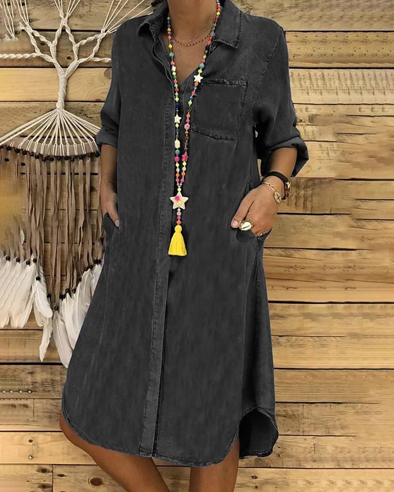 Women's Casual Denim Shirt Dress Button-Down Collar Pockets Relaxed Fit Everyday Midi Summer Style - Lolly 