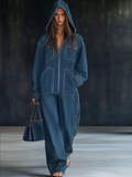 Women's Casual Loose Retro Denim Jumpsuit Hooded Zipper Sleeve Pocket Vintage – Blue - Lolly 