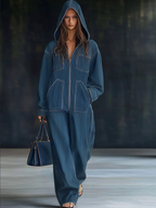 Women's Casual Loose Retro Denim Jumpsuit Hooded Zipper Sleeve Pocket Vintage – Blue - Lolly 