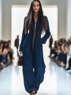 Women's Casual Loose Retro Denim Jumpsuit Lapel Red Topstitching Wide-Leg Sleeve Pocket – Blue - Lolly 