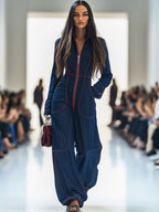Women's Casual Loose Retro Denim Jumpsuit Lapel Red Topstitching Wide-Leg Sleeve Pocket – Blue - Lolly 