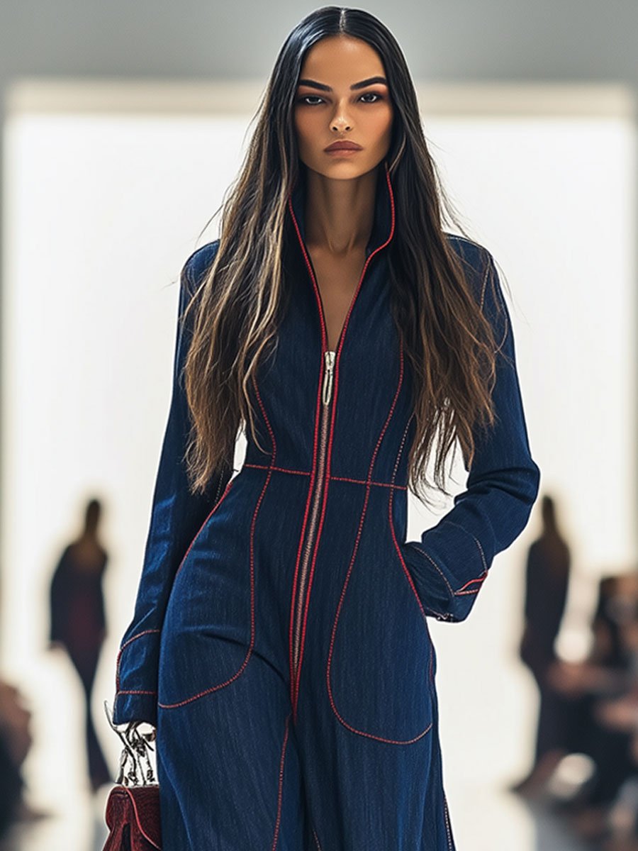 Women's Casual Loose Retro Denim Jumpsuit Lapel Red Topstitching Wide-Leg Sleeve Pocket – Blue - Lolly 