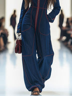 Women's Casual Loose Retro Denim Jumpsuit Lapel Red Topstitching Wide-Leg Sleeve Pocket – Blue - Lolly 