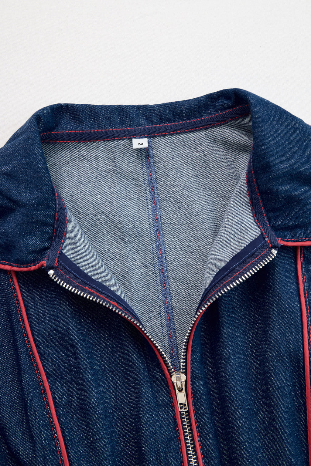 Women's Casual Loose Retro Denim Jumpsuit Lapel Red Topstitching Wide-Leg Sleeve Pocket – Blue - Lolly 