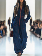 Women's Casual Loose Retro Denim Jumpsuit Lapel Red Topstitching Wide-Leg Sleeve Pocket – Blue - Lolly 