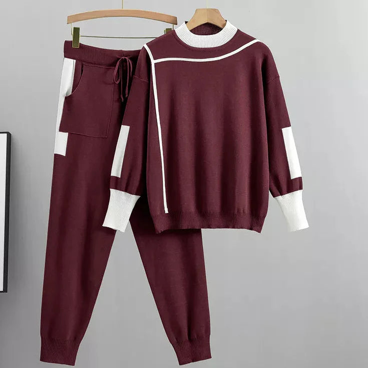 Women's Casual Lounge Sweater Pants Set Contrast Detail Jogger Two-Piece Cozy Everyday Home – Kaitlyn - Lolly 