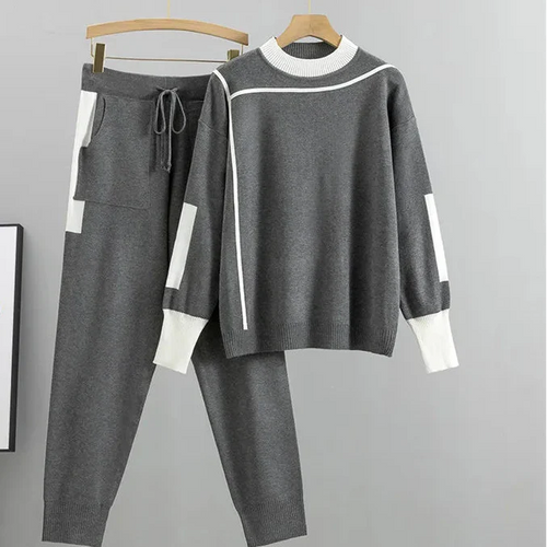 Women's Casual Lounge Sweater Pants Set Contrast Detail Jogger Two-Piece Cozy Everyday Home – Kaitlyn - Lolly 