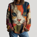 Women's Cat Graphic Crewneck Knit Sweater Relaxed Fit Patchwork Pullover Casual Winter - Lolly 
