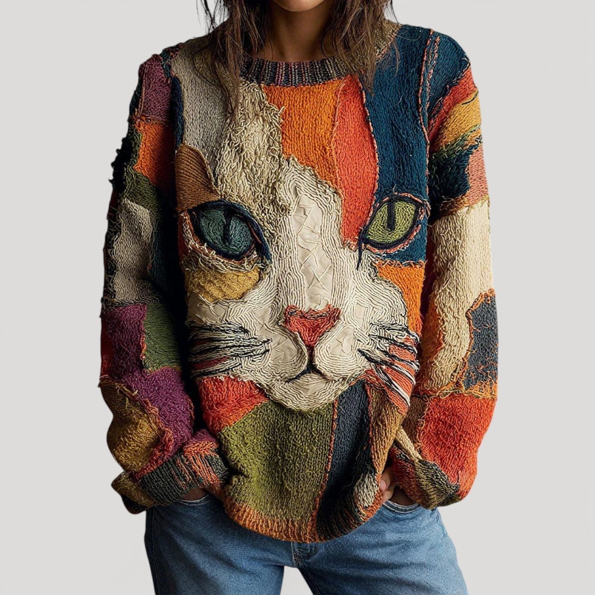 Women's Cat Graphic Crewneck Knit Sweater Relaxed Fit Patchwork Pullover Casual Winter - Lolly 