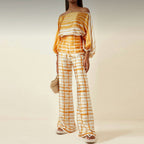 Women's Chic Summer Two-Piece Set Printed Flowy Top Wide-Leg Pants Casual Vacation Elegant Outfit - Lolly 