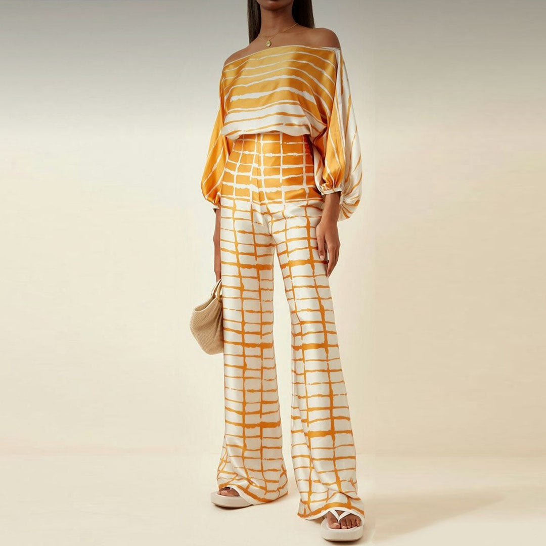 Women's Chic Summer Two-Piece Set Printed Flowy Top Wide-Leg Pants Casual Vacation Elegant Outfit - Lolly 