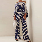 Women's Chic Summer Two-Piece Set Printed Flowy Top Wide-Leg Pants Casual Vacation Elegant Outfit - Lolly 