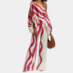 Women's Chic Summer Two-Piece Set Printed Flowy Top Wide-Leg Pants Casual Vacation Elegant Outfit - Lolly 