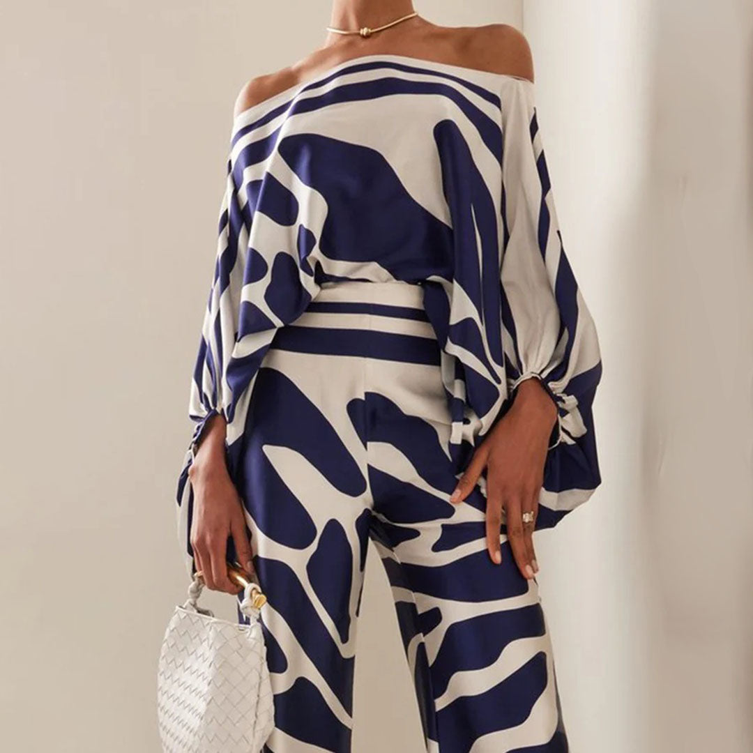 Women's Chic Summer Two-Piece Set Printed Flowy Top Wide-Leg Pants Casual Vacation Elegant Outfit - Lolly 