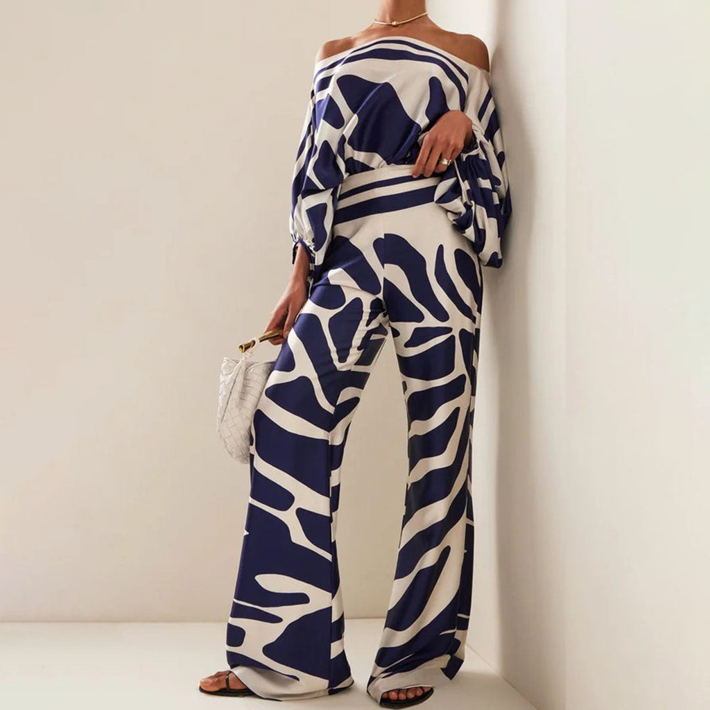 Women's Chic Summer Two-Piece Set Printed Flowy Top Wide-Leg Pants Casual Vacation Elegant Outfit - Lolly 