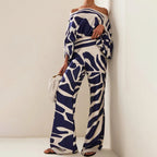 Women's Chic Summer Two-Piece Set Printed Flowy Top Wide-Leg Pants Casual Vacation Elegant Outfit - Lolly 