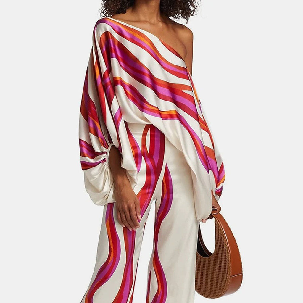 Women's Chic Summer Two-Piece Set Printed Flowy Top Wide-Leg Pants Casual Vacation Elegant Outfit - Lolly 