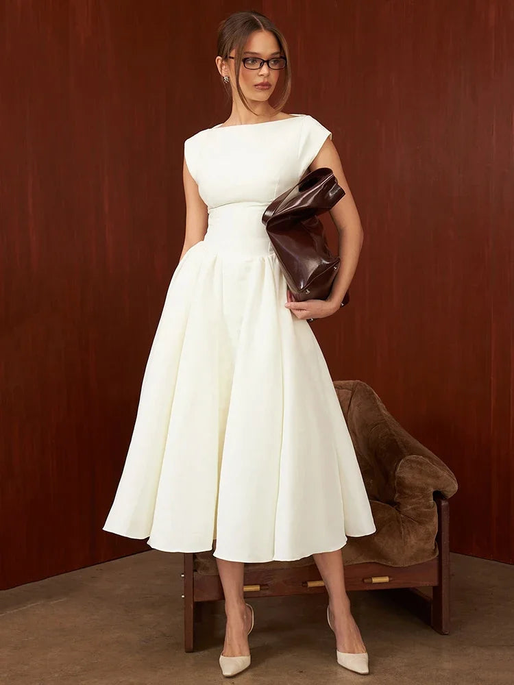 Women's Circular Back Cut Ball Gown Midi Dress Wide Shoulders Fitted W – Lolly