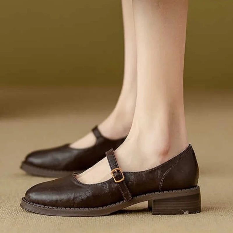 Women's Classic Leather Mary Jane Flat Shoes Single Strap Round Toe Smooth Finish Casual Work Office Everyday Comfortable Walking Smart – Constance - Lolly 