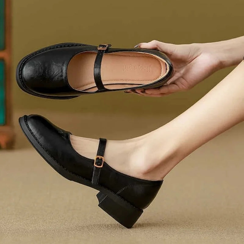 Women's Classic Leather Mary Jane Flat Shoes Single Strap Round Toe Smooth Finish Casual Work Office Everyday Comfortable Walking Smart – Constance - Lolly 
