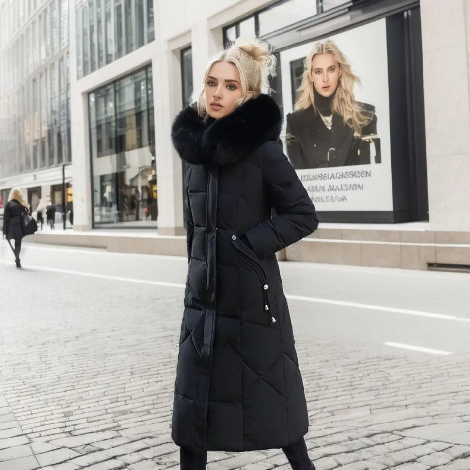 Women's Coat in Winter Maxi Length with Fur-Trimmed Hood - Lolly 
