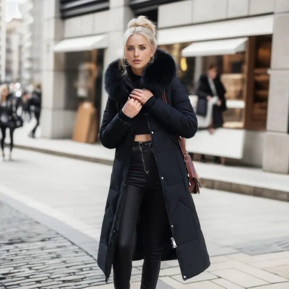 Women's Coat in Winter Maxi Length with Fur-Trimmed Hood - Lolly 