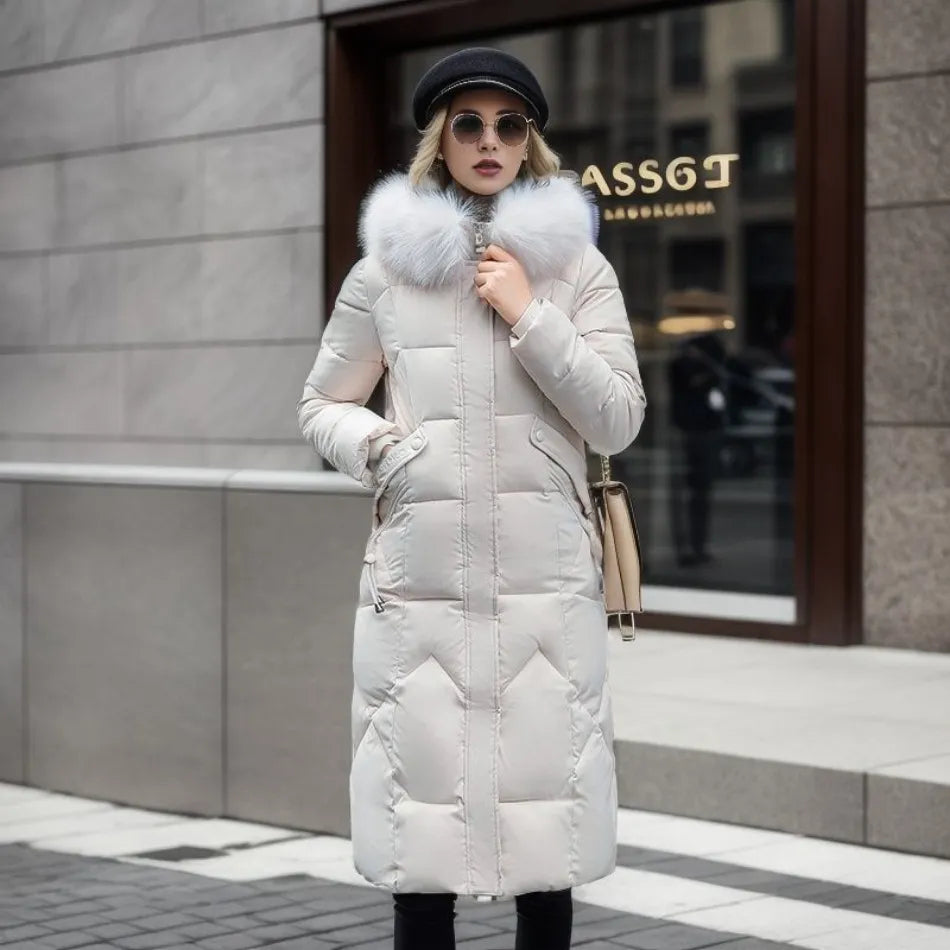 Women's Coat in Winter Maxi Length with Fur-Trimmed Hood - Lolly 