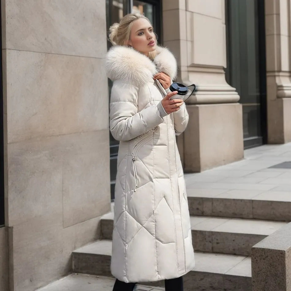 Women's Coat in Winter Maxi Length with Fur-Trimmed Hood - Lolly 