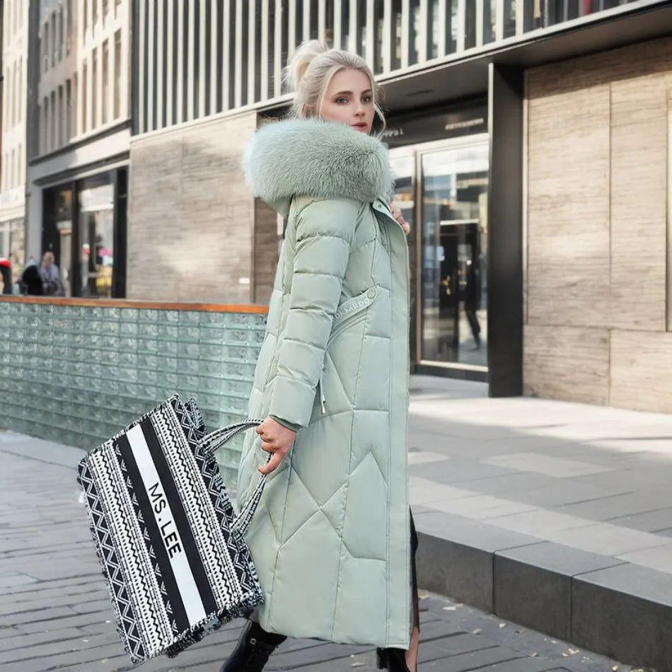 Women's Coat in Winter Maxi Length with Fur-Trimmed Hood - Lolly 