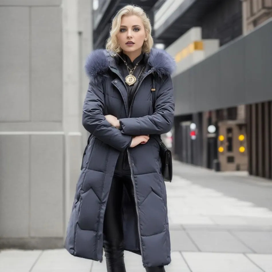 Women's Coat in Winter Maxi Length with Fur-Trimmed Hood - Lolly 