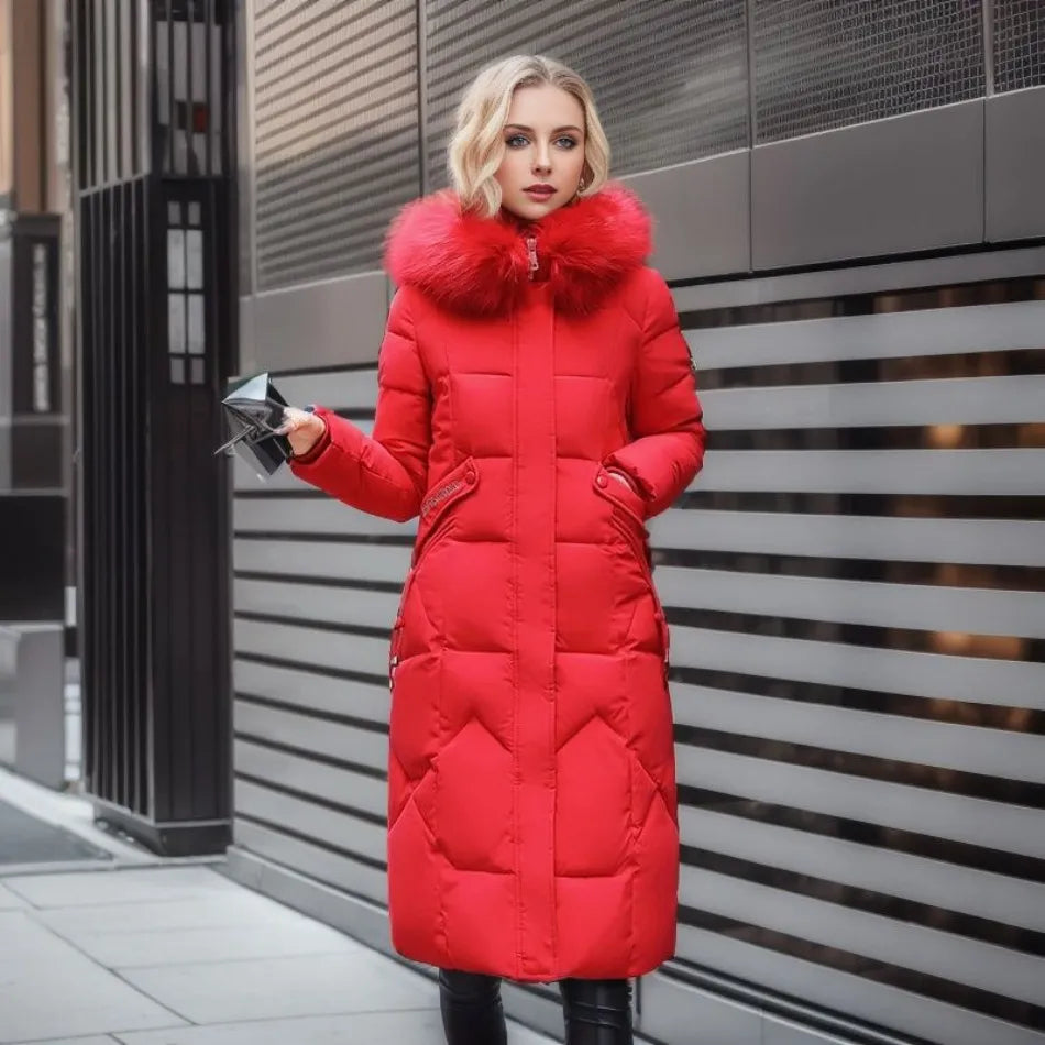 Women's Coat in Winter Maxi Length with Fur-Trimmed Hood - Lolly 