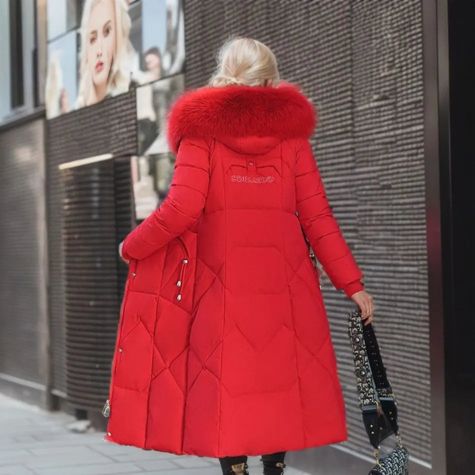 Women's Coat in Winter Maxi Length with Fur-Trimmed Hood - Lolly 